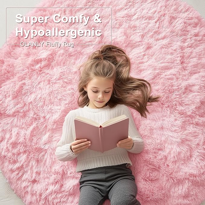 OLANLY Pink Round Rugs for Bedroom - Machine Washable, 4 ft Circle Area Rugs for Living Room, Soft and Fluffy Shaggy Carpet for Teen Girls and Boys, Nursery Rooms, Dorms, Home Decor Aesthetic