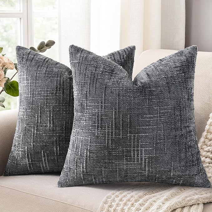 decorUhome Dark Grey Chenille Throw Pillow Covers 18x18 Set of 2 Textured Soft Cozy Slubby Couch Pillow Covers Modern Farmhouse Boho Decorative Pillow Cases for Bed Sofa Living Room