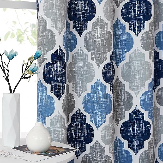 Beauoop 100% Blackout Curtains 84 Inches Long 2 Panels for Bedroom Living Room Blue Grey Moroccan Geo Room Darkening Thermal Insulated Soundproof Grommet Top Window Treatments Drapes, 50x84 Set of 2
