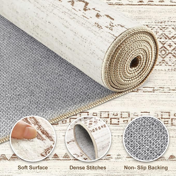 Nakagishi Area Rugs 8x10 Living Room: Washable Boho Large Neutral Soft Farmhouse Rug Stain Resistant Modern Geometric Non-Slip Indoor Floor Carpet for Bedroom Nursery Kids Playroom Office- Brown