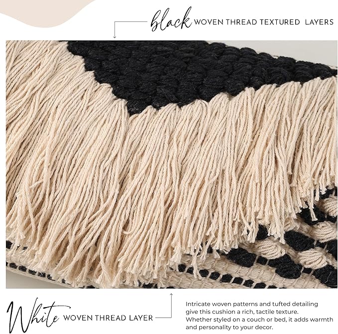 Decorative Boho-Chic Pillow Cover Handwoven Tufted Cotton Accent Pillows, Neutral Throw Cushion for Couch, Sofa or Bed, Farmhouse & Bohemian Home Decor, Trendy USA Design (Black Lumbar 12x20)