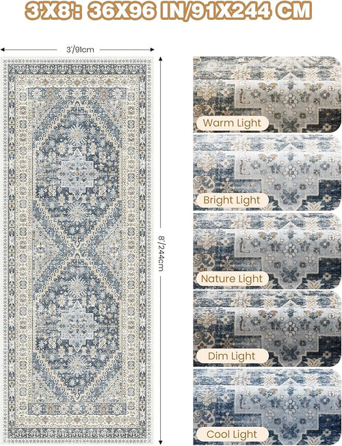 3x8 Runner Rug Non Slip Washable for Entryway, Front Porch, Vintage Hallway Runner for Laundry Room, Bedroom, Stain Resistant Thin Indoor Kitchen Mats for Floor(Blue/Beige,3'x8')