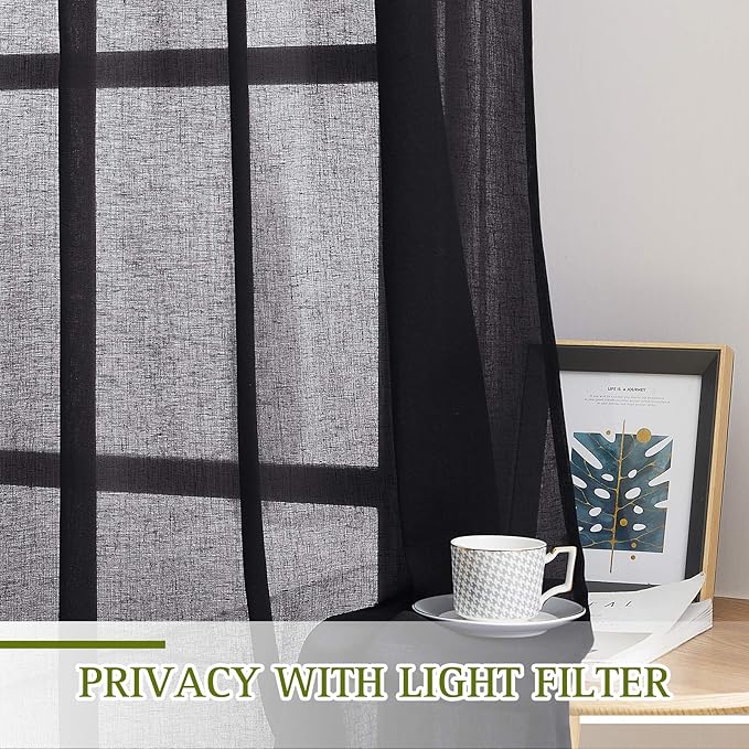NICETOWN Semitransparent Sheer Curtains for Windows, Grommet Linen Blend Flax Durable Sheer Window Drapes Privacy Light Reducing Panels for Bedroom/Kids Room, W52 x L72, 2 Panels, Black