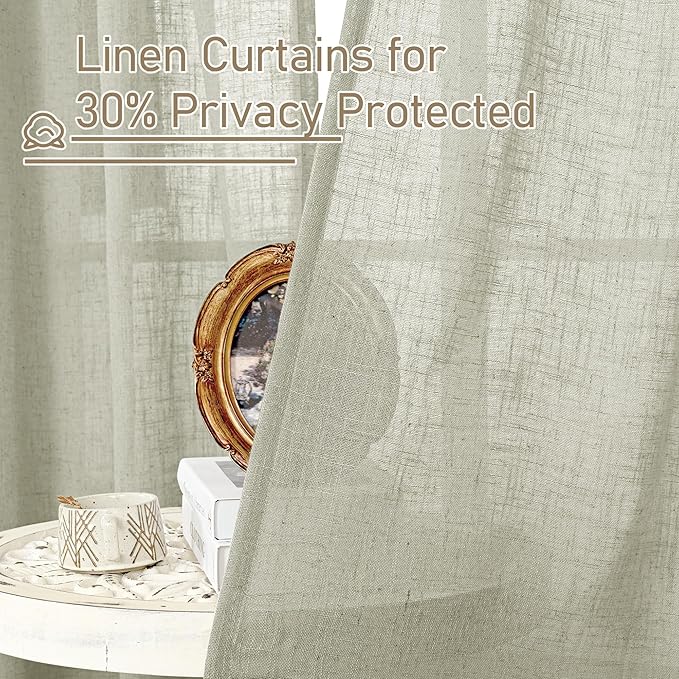 LAMIT Sage Grey Linen Curtains 54 Inch Length 2 Panels, Light Filtering Panels Back Tab and Rod Pocket Neutral Drapes for Kitchen/Window/Bedroom, 52 x 54 Inch