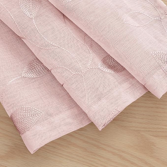 HOMEIDEAS Blush Pink Sheer Kitchen Curtains 30 X 36 Inch Length 2 Panels Embroidered Leaf Pattern Short Bathroom Window Curtains for Small Window Valance Tiers