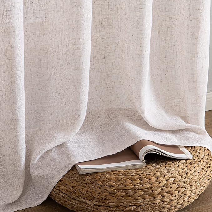MIULEE Natural White Linen Curtains 132 Inch Length 2 Panels for Bedroom Living Room, Soft Thick Linen Textured Window Drapes Semi Sheer Light Filtering Back Tab Rod Pocket Burlap Look Decor
