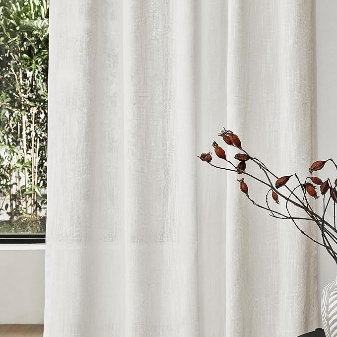 MYSKY HOME Extra Long Curtains for Living Room, Soft Cotton Fabric Boho Window Curtain Drapes Light Filtering Semi Sheer Backdrop Panels, Beige White, 50 x 108 Inches, 2 Pieces