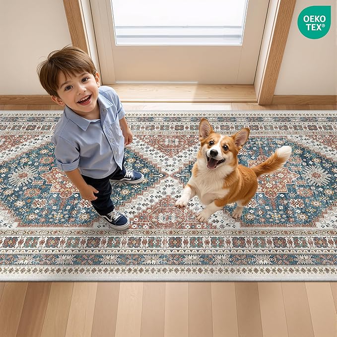 Kitchen Runner Rug Non Slip Washable 2.5x10, Soft Ultra-Thin Entryway Rug Runners for Hallways, Carpet Runner for Living Room,Kitchen, Laundry, Bathroom(Blue/Red,2.5'x10')
