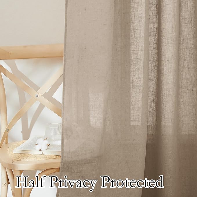 RYB HOME Light Filtering Linen Sheer Curtains, Back Tab Rod Pocket Privacy Protected Linen Blend Burlap Panels for Farmhouse/Living Room/Dining Room, Khaki, Length 84 by Width 52 inch, 2 Panels