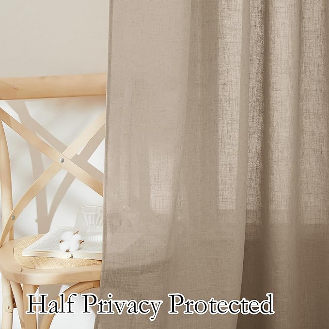 RYB HOME Extra Long Linen Curtains for Dining Room 120 inches Long, Back Tab Farmhouse Light Filtering Privacy Lightweight Floor Sweeping Drapes for Living Room, Khaki, 52" W, 2 Panels