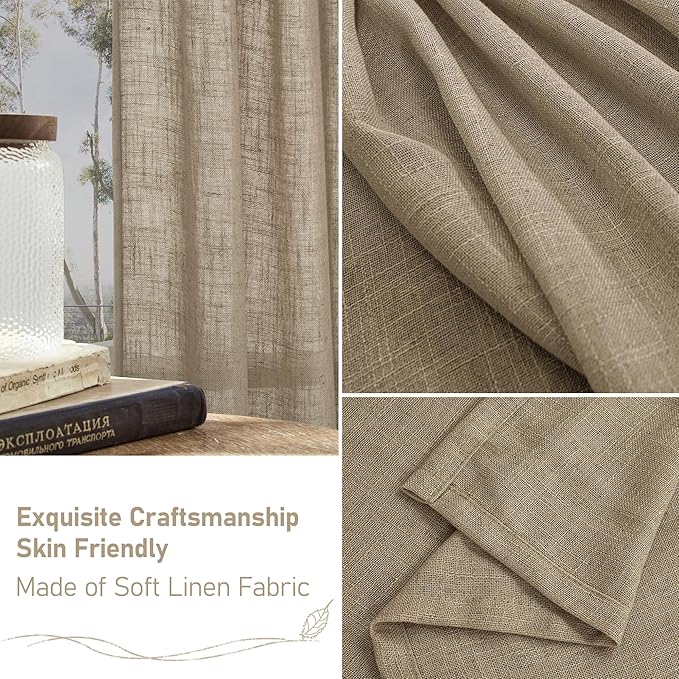 LAMIT 40 Inch Length Linen Curtains for Small Windows, Semi Sheer Light Filtering Panels Back Tab and Rod Pocket Country Decor Drapes for Basement/Kitchen, Taupe, 2 Panels, 34 x 40 Inch