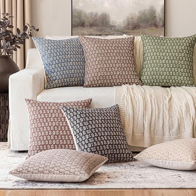 Foindtower Set of 2 Decorative Neutral Floral Print Throw Pillow Covers Vintage Accent Farmhouse Cushion Covers Boho Home Decor for Sofa Couch Chair Bedroom Living Room,24×24 Inch,Brown