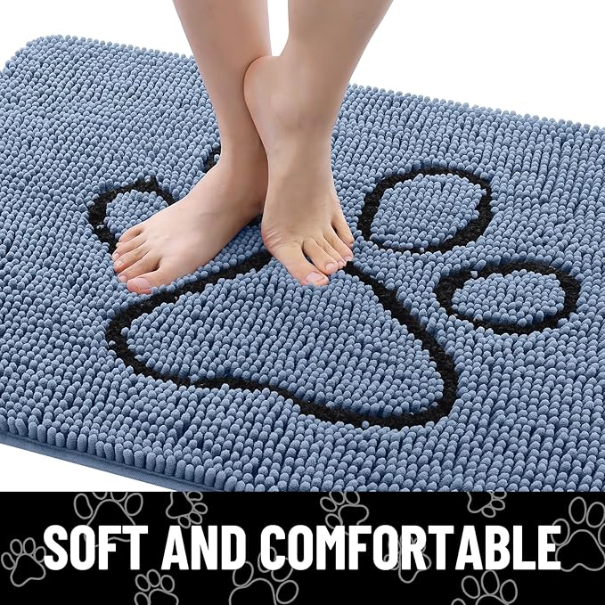 Smiry Dog Door Mat for Muddy Paws, Absorbent Dirt Trapper Non Slip Quick Dry Washable Chenille Mat for Mud Dogs, Entry Rug for Indoor and Outdoor (30x20 Inches, Airy Blue and Black)