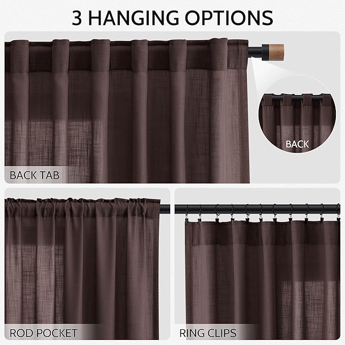 Coffee Brown Linen Curtains 63 Inches Long for Bedroom Back Tab Filters Light Protects Privacy Sheer Modern Farmhouse Coastal Decor Cotton Texture Gauze for Bathroom, 2 Panels