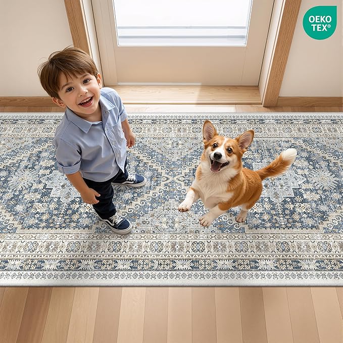 Runner Rug 2x10, Ultra-Thin Kitchen Rugs Non Slip Washable Rugs for Entryway Rug, Kitchen Runner Low Pile Vintage Soft Carpets for Living Room, Bathroom Bedroom (Blue/Beige,2'x10')