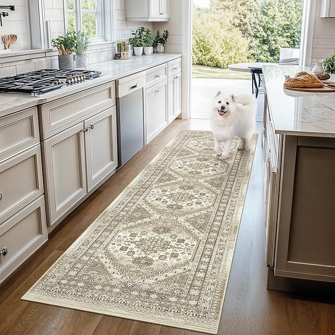 Runner Rug 2x10, Ultra-Thin Kitchen Rugs Non Slip Washable Rugs for Entryway Rug, Kitchen Runner Low Pile Vintage Soft Carpets for Living Room, Bathroom Bedroom (Brown,2'x10')