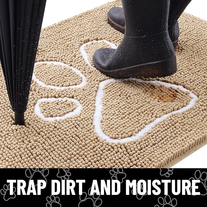 Smiry Dog Door Mat for Muddy Paws, Absorbent Dirt Trapper Non Slip Quick Dry Washable Chenille Mat for Mud Dogs, Entry Rug for Indoor and Outdoor (36x24 Inches, Beige and White)