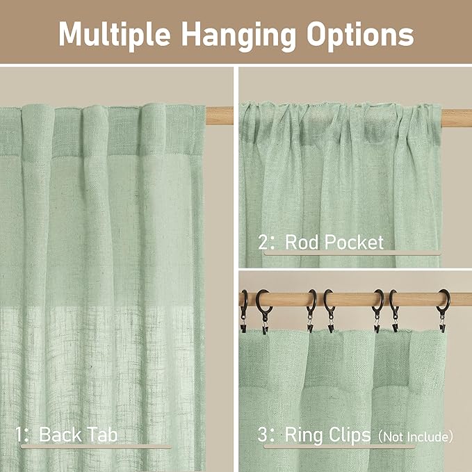 LAMIT Sheer Linen Curtains for Living Room, Back Tab and Rod Pocket Curtains Light Filtering Country Rustic Farmhouse Drapes for Bedroom/Farmhouse, 2 Panels, 52 x 102 Inch, Fresh Green
