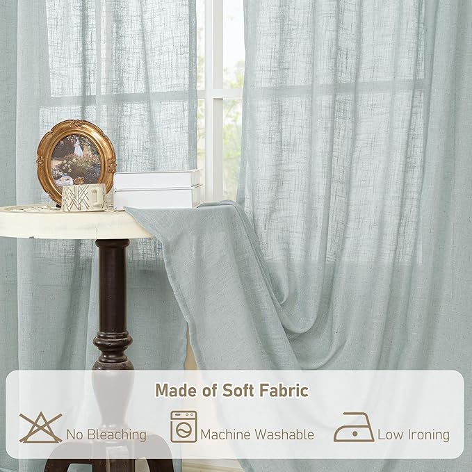 LAMIT Light Filtering Linen Curtains 45 Inch Length 2 Panels, Semi Sheer Window Panels Back Tab and Rod Pocket Neutral Drapes for Bathroom/Kitchen/Loft Room, Greyish Blue, 34 x 45 Inch