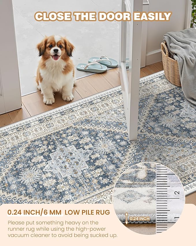 3x8 Runner Rug Non Slip Washable for Entryway, Front Porch, Vintage Hallway Runner for Laundry Room, Bedroom, Stain Resistant Thin Indoor Kitchen Mats for Floor(Blue/Beige,3'x8')