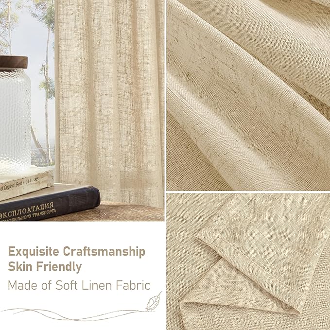 LAMIT Linen Curtains 63 Inch for Bedroom, Light Filtering Neutral Semi Sheer Window Curtains Back Tab and Rod Pocket Living Room Panels, 2 Panels, Linen, 60 x 63 Inch