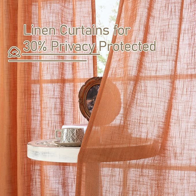 LAMIT Burnt Orange Sheer Linen Curtains 80 inch Length, Light Filtering Linen Boho Drapes Bronze Grommet Rustic Panels for Living Room/Bedroom/Farmhouse, 2 Panels, 52 x 80 Inch