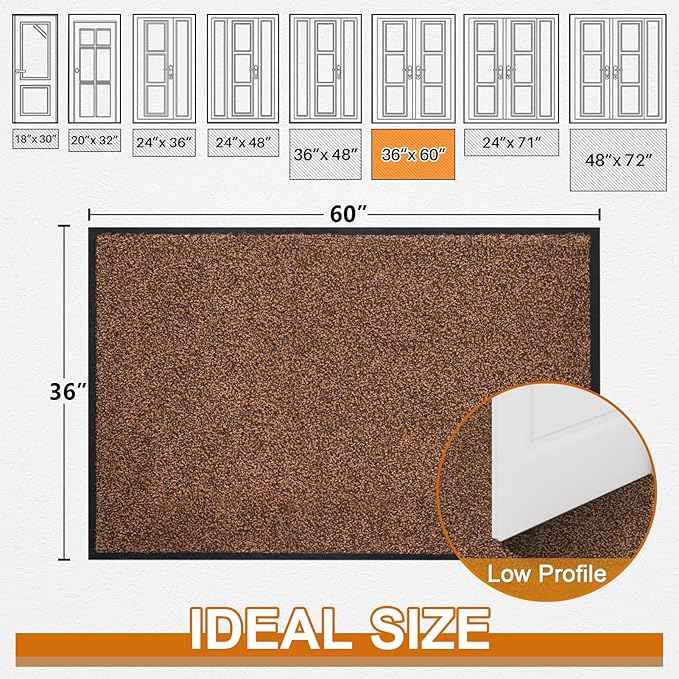 Mibao Front Door Mat, Dirt Trapper Welcome Mat for Outdoor Indoor, Non-Slip Waterproof Doormat, Durable Machine Washable Low Profile Entry Rug for Back Door Outside Patio Porch, 60" x 36", Brown