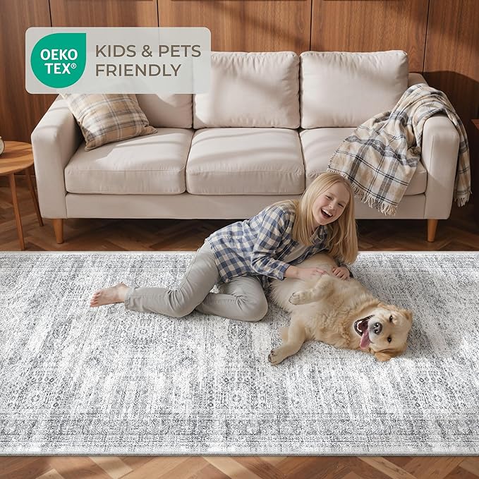 4x12 Runner Rug for Hallway, Low-Pile Wide Runner for Entryway, Long Washable Non-Slip Kitchen Rug, Soft Modern Home Decor Mat for Living, Laundry Room(4'x12', Grey/Ivory)