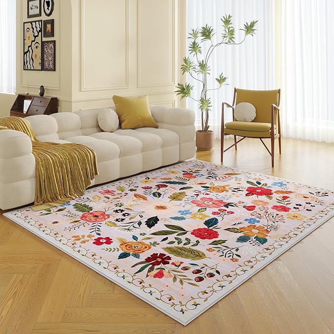 Rugcomf Living Room Rug 5x7 Rug Machine Washable Boho Area Rug Non Slip Floral Vintage Low Pile Large Rugs for Living Room, Bedroom, Farmhouse, Dining Room, Kids Playroom(Beige)