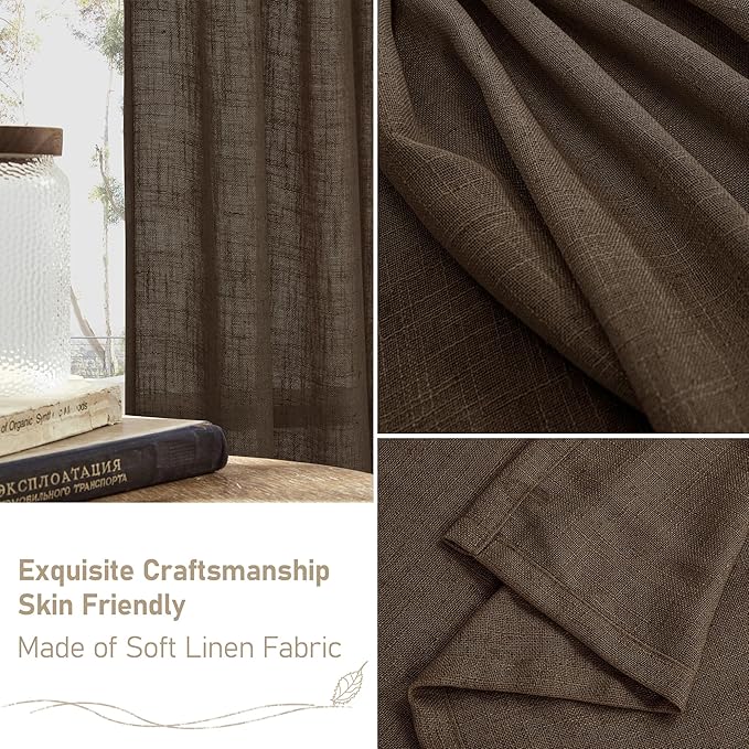 LAMIT Dark Brown Linen Curtains for Living Room 84 inch Length, Light Filtering Semi Sheer Panels Bronze Grommet Rustic Farmhouse Drapes for Bedroom/Sliding Glass Door, 2 Panels, 52 x 84 Inch