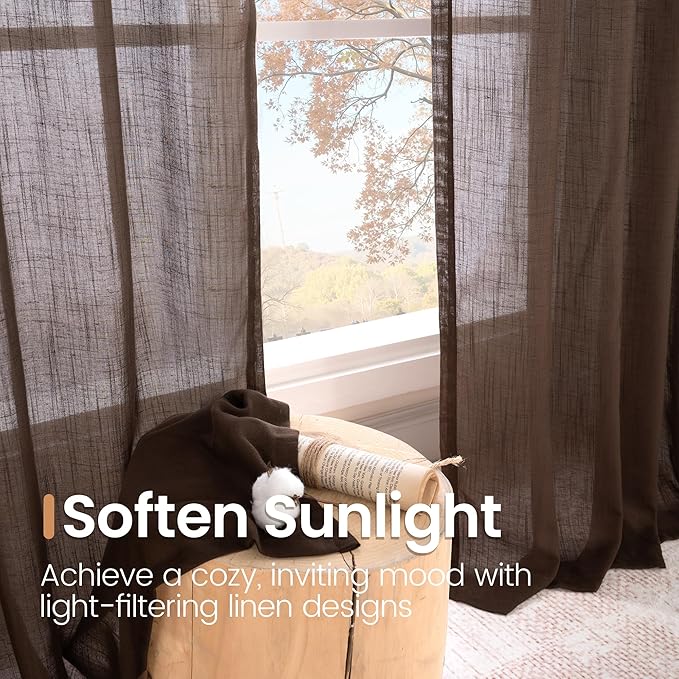 BGment Brown Linen Curtains 63 Inches Long for Bedroom Windows, Sheer Drapes Lightweight Rustic Country Textured for Farmhouse Living Room Decor Rod Pocket, 2 Panels Set, Each 42 Inch Wide