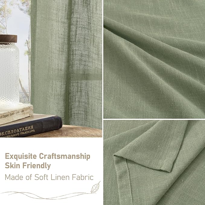 LAMIT Short Linen Window Curtains 30 inches Long 2 Panels, Sage Green Semi Sheer Light Filtering Panels Bronze Grommet Linen Textured Neutral Boho Christmas Drapes for Kitchen/Cafe, 34 x 30 Inch