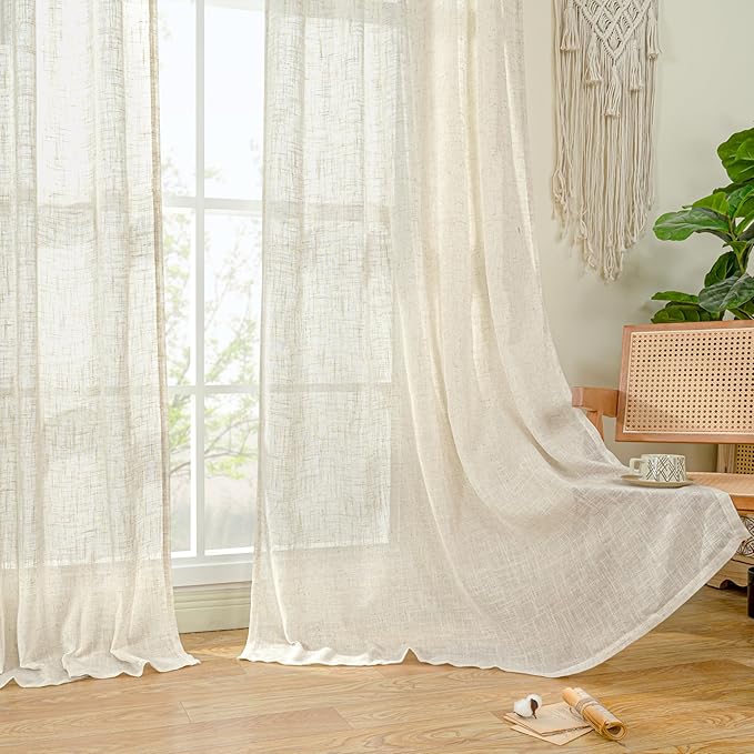 LAMIT Extra Wide Linen Curtains for Bedroom,Natural Light Filtering Faux Linen Textured Panels Semi Sheer Back Tab and Rod Pocket Boho Drapes for Living Room, 2 Panels, 70 x 84 Inch