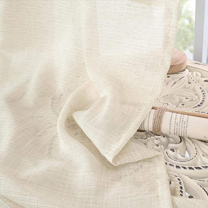 BGment 54 Inch Length Natural Linen Curtains for Short Window - Rod Pocket Semi Sheer Beige Drapes Light Filtering for Living Room Bedroom Textured Rustic Decorative, 2 Panels, Each Panel 42 Inch Wide