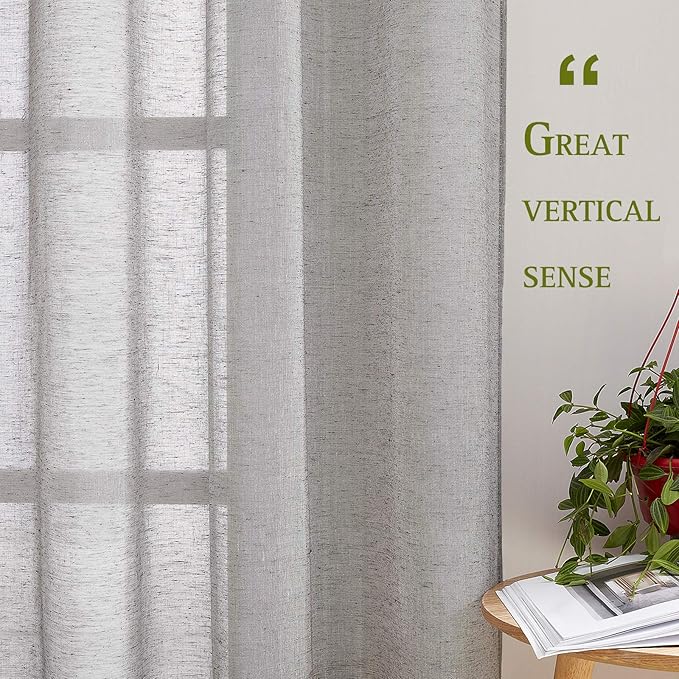 NICETOWN Charcoal Grey Linen Curtains for Bedroom 63 inch Long, Grommet Flax Semi Sheer Window Curtains & Drapes Privacy with Light Filtering for Kids Room, 2 Panels, W36 x L63