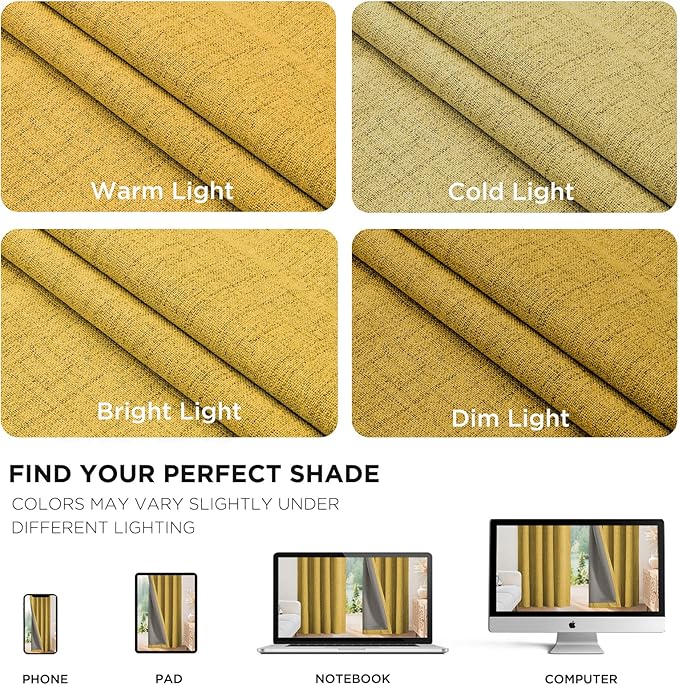 Joydeco Blackout Curtains for Bedroom - 100% Light Blocking 2 Panels Set Yellow Drapes 42" W x 72" L, Thermal Insulated Room Darkening Curtains, Linen Textured for Living Room, Rod Pocket & Back Tabs