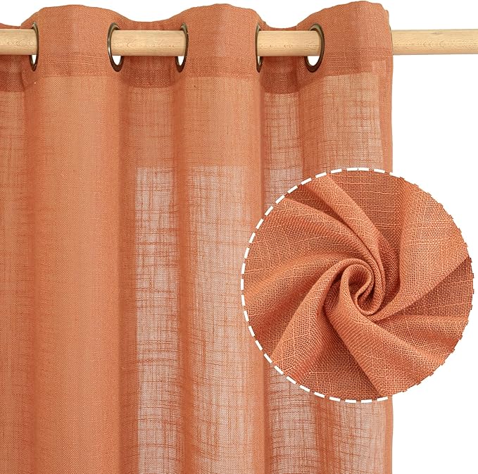 LAMIT Burnt Orange Sheer Linen Curtains 54 Inch Length, Light Filtering Panels Bronze Grommet Boho Farmhouse Decor Drapes for Bedroom/Living Room, 2 Panels, 52 x 54 Inch