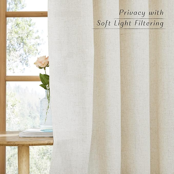 NICETOWN Natural Linen Curtains Flax Texture for Bedroom, Rustic Grommet Top Linen Blend Semi Sheer Privacy Added Window Treatments Light Filtering for Living Room, 55" W x 63" L, Set of 2