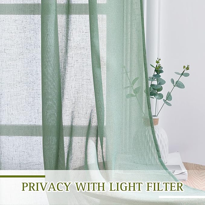 NICETOWN Linen Textured Semi Sheer Olive Green Curtains, Grommet Privacy Flax Linen Blend with Light Filtering Window Curtains & Drapes for Bedroom/Living Room, 2 Panels, W36 x L63