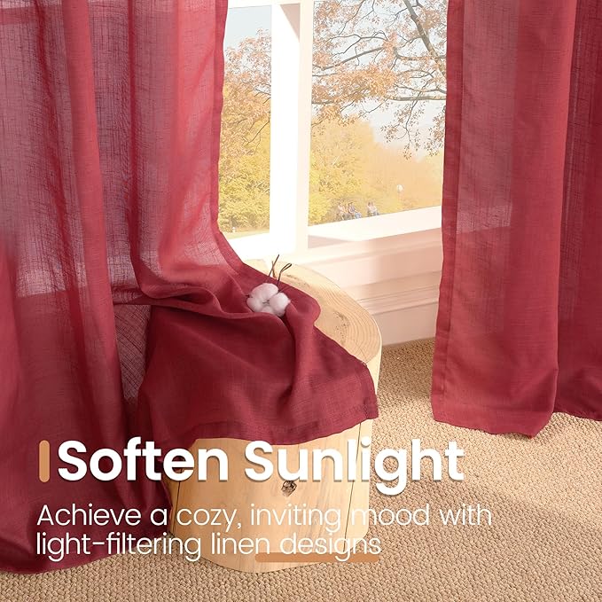 BGment Burgundy Curtains Semi Sheer 48 Inch Length for Windows, Linen Drapes Lightweight Rustic with Rod Pocket for Short Living Room Bedroom Office, 2 Panels Set, Each 42 Inch Wide