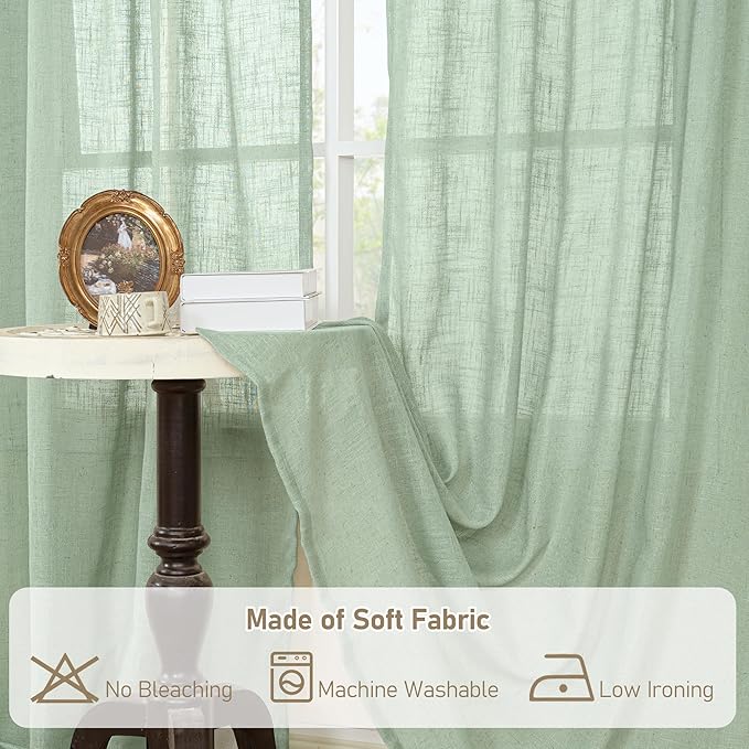 LAMIT 95 Inches Long Fresh Green Linen Curtains for Living Room, Bronze Grommet Linen Textured Curtains Light Filtering Boho Drapes for Bedroom/Dining Room, Set of 2, 52 x 95 Inch