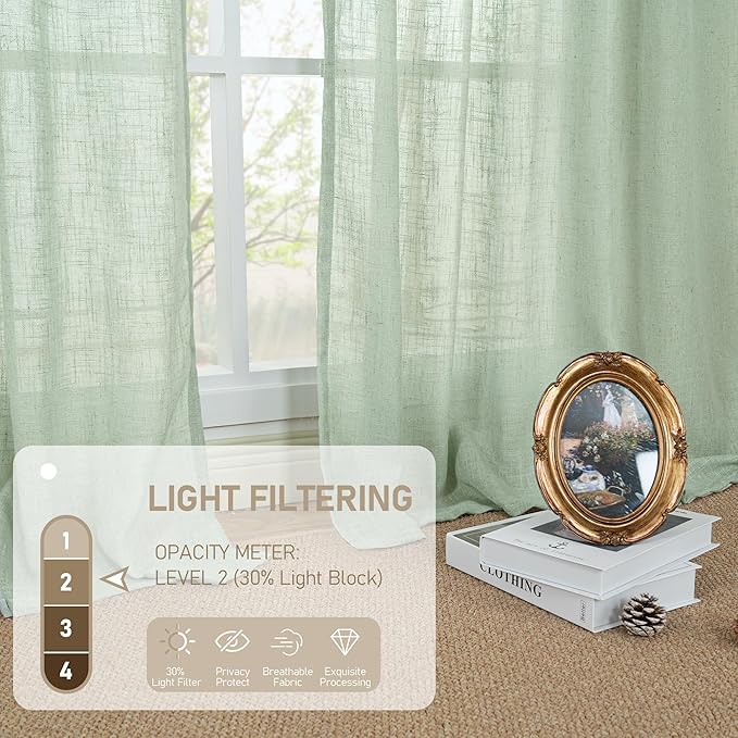 LAMIT Semi Sheer Linen Curtains 45 Inches Long, Light Filtering Panels Bronze Grommet Neutral Drapes for Kitchen/Window/Bedroom, Fresh Green, 2 Panels, 52 x 45 Inch