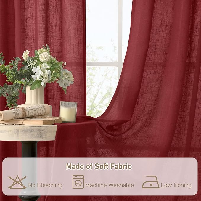 LAMIT Burgundy Red Semi Sheer Linen Curtains 45 Inches Long, Light Filtering Panels Bronze Grommet Christmas Decor Drapes for Bedroom/Window/Farmhouse, 2 Panels, 52 x 45 Inch