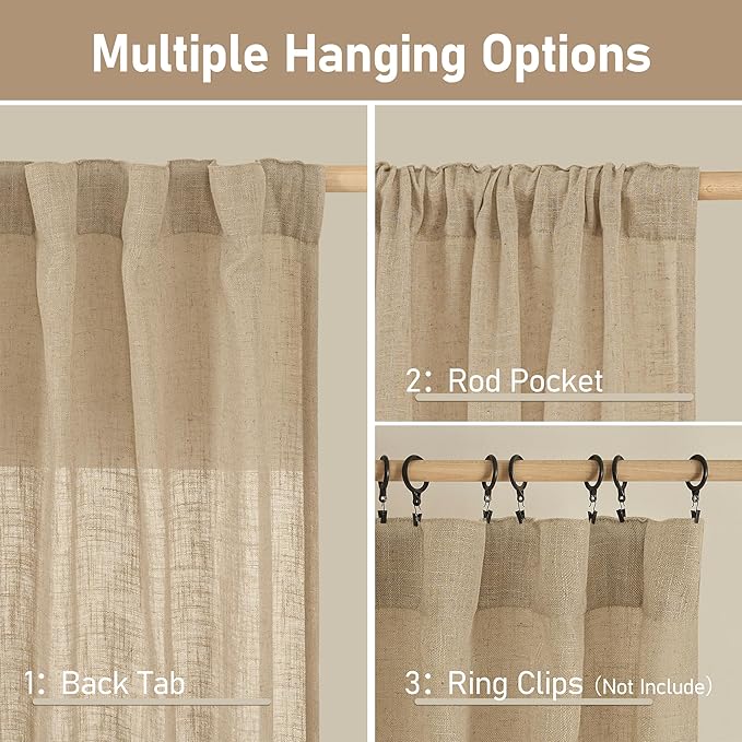 LAMIT Living Room Linen Curtains - 90 Inch, Back Tab & Rod Pocket, Light Filtering, Burlap Textured Sheer Curtains for Farmhouse, 2 Panels, 52 x 90 Inch, Brown