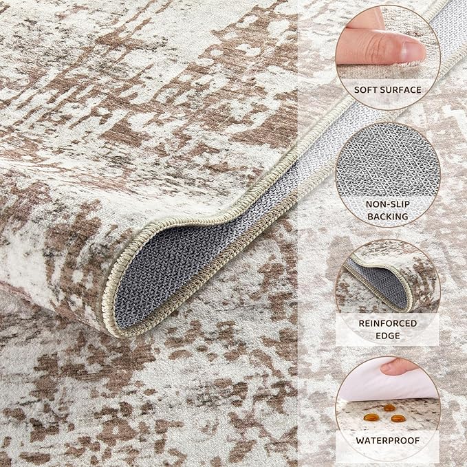UERMEI 3x5 Area Rug Living Room Rugs - Washable Neutral Modern Abstract Soft Thin Rug Indoor Floor No Slip Rug Carpet for Bedroom Under Dining Table Home Office Decor - Brown/Grey/Red