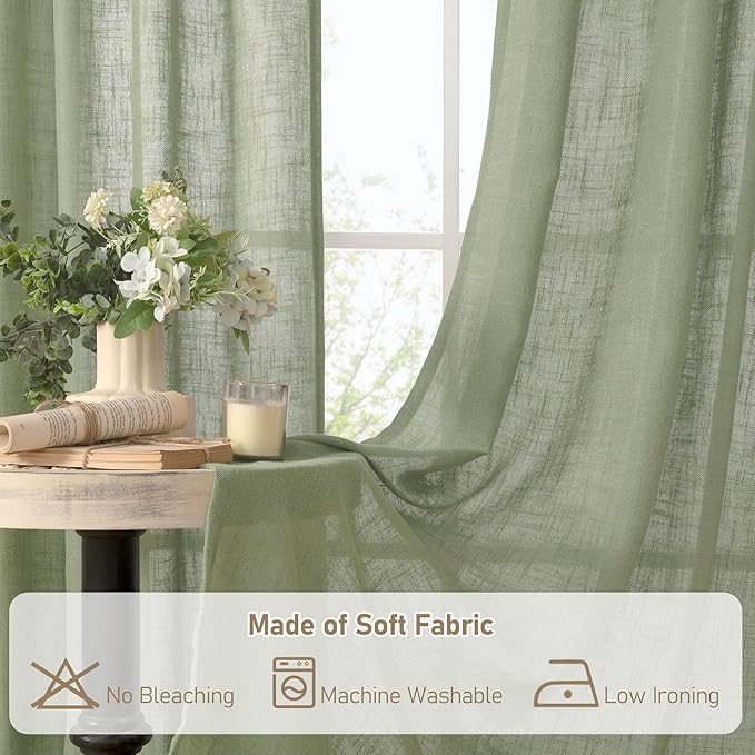 LAMIT Faux Linen Curtains 63 inches Long for Living Room, Sage Green Bronze Grommet Drapes Light Filtering Linen Textured Vertical Curtains for Farmhouse/Bedroom, 2 Panels, 38 x 63 Inch