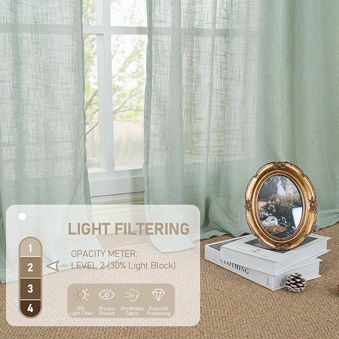 LAMIT Light Sage Linen Curtains 45 Inches Long for Bedroom, Semi Sheer Light Filtering Panels Bronze Grommet Neutral Drapes for Kitchen/Window/Bedroom, 2 Panels Set, 52 x 45 Inch