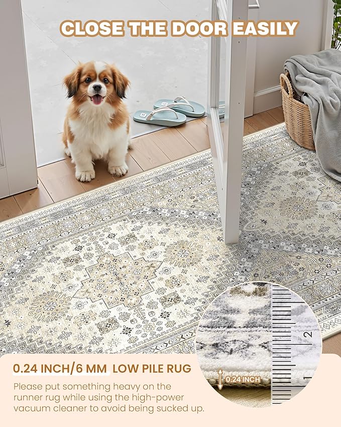 4x6 Area Rugs for Living Room, Non-Slip Backing Small Kids Rugs for Bedroom, Vintage Floral Rug Home Decor, Low Pile Soft Washable Rug for Kitchen, Dining Room (Beige,4'x6')