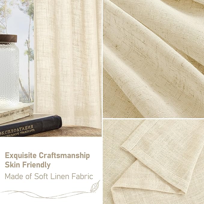 LAMIT Extra Wide Linen Curtains for Bedroom, Natural Light Filtering Faux Linen Textured Panels Semi Sheer Back Tab and Rod Pocket Boho Drapes for Living Room/Farmhouse, 2 Panels, Beige, 60 x 84 Inch