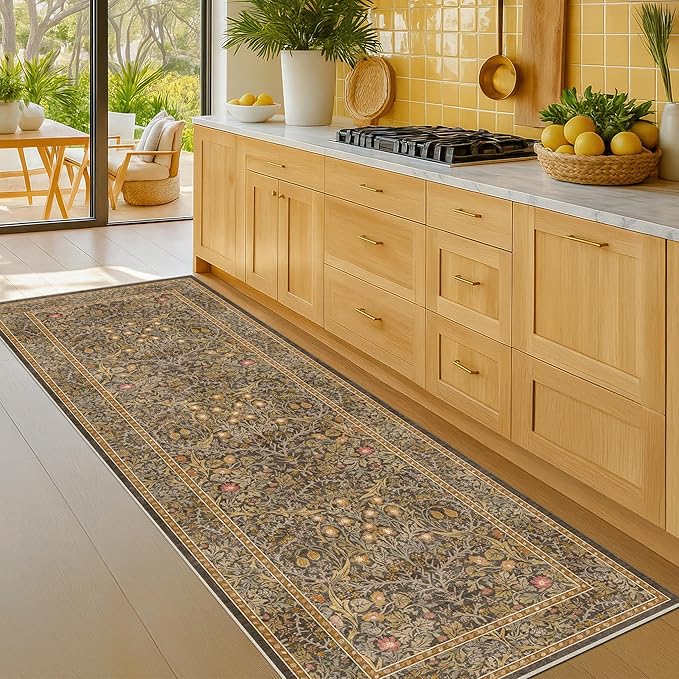 Brown 3x8 Vintage Kitchen Runner Rug Stain Resistant, Wide Washable Non Skid Long Runner Rugs for Hallway, Entryway Indoor, Non-Slip Low Pile Ultra Soft Stain Resistant Floral Carpet